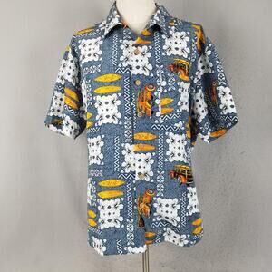 Roundy Bay Hawaiian Shirt Mens XL Blue Yellow Woody Car Surfer Floral Aloha Top